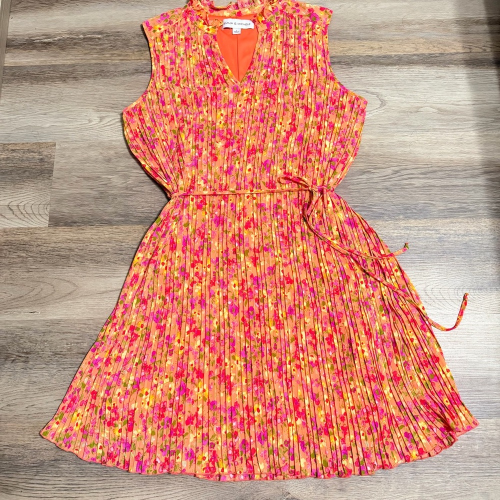 Emma & Michele Sleeveless Pleated Mini Dress - Orange & Pink